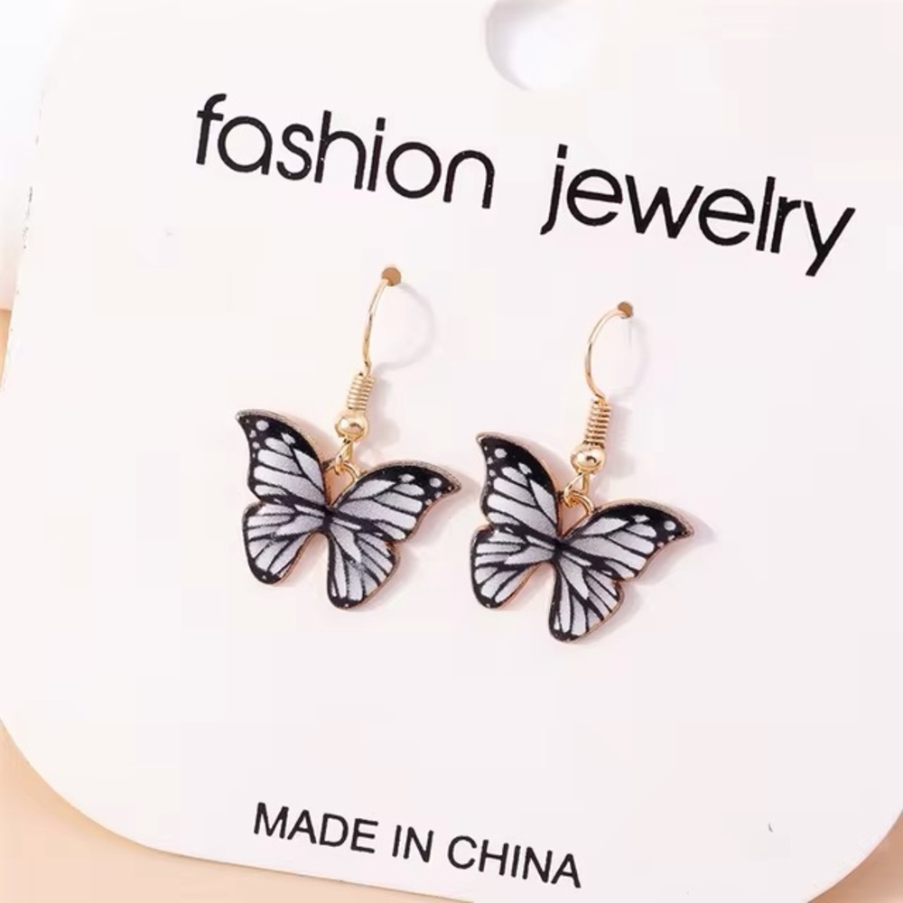 Zebra White Gray Black Butterfly Make A Wish Pendant Charm Earrings